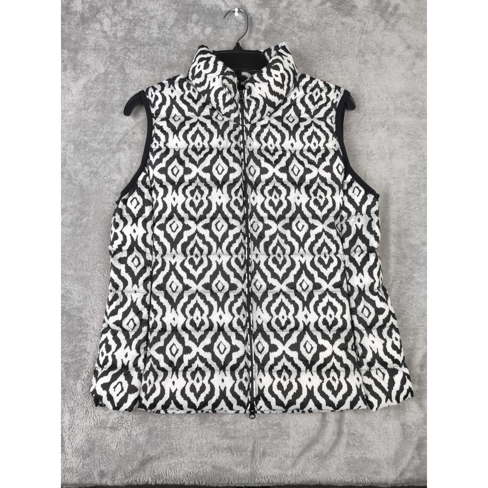 IBKUL Solar Exothermic Reactor Puffer Vest Black White Ikat Print Womens Small